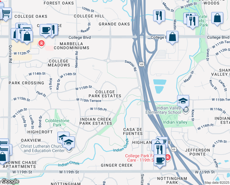 map of restaurants, bars, coffee shops, grocery stores, and more near 10636 West 115th Street in Overland Park