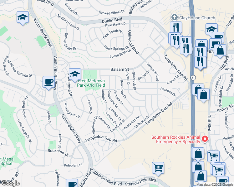 map of restaurants, bars, coffee shops, grocery stores, and more near 5955 Santana Drive in Colorado Springs