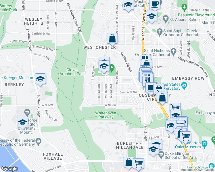 map of restaurants, bars, coffee shops, grocery stores, and more near 2323 40th Street Northwest in Washington