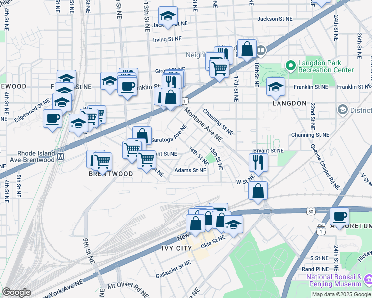 map of restaurants, bars, coffee shops, grocery stores, and more near 1390 Bryant Street Northeast in Washington