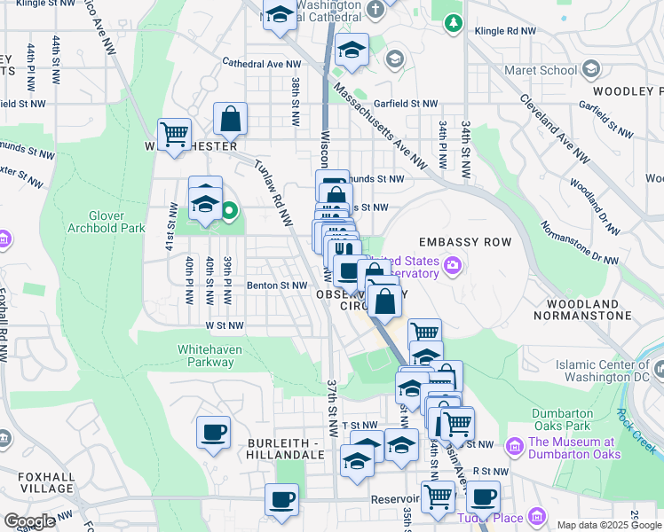map of restaurants, bars, coffee shops, grocery stores, and more near 2409 37th Street Northwest in Washington