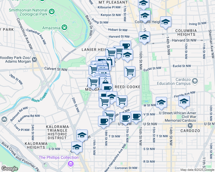 map of restaurants, bars, coffee shops, grocery stores, and more near 2356 Champlain Street Northwest in Washington