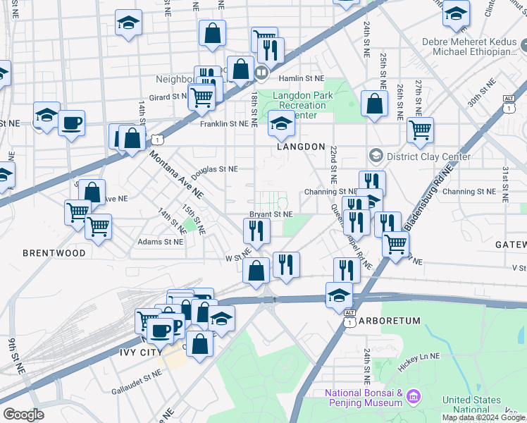 map of restaurants, bars, coffee shops, grocery stores, and more near 1830 Bryant Street Northeast in Washington