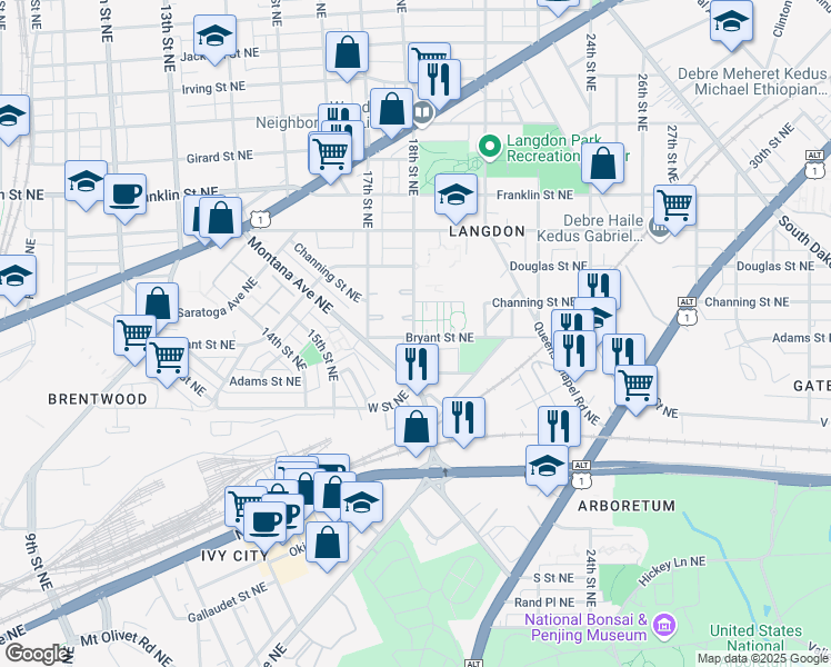 map of restaurants, bars, coffee shops, grocery stores, and more near 1804 Bryant Street Northeast in Washington