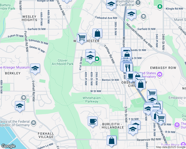 map of restaurants, bars, coffee shops, grocery stores, and more near 2323 40th Street Northwest in Washington