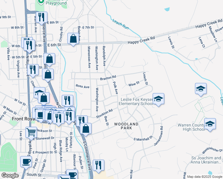 map of restaurants, bars, coffee shops, grocery stores, and more near 217 Randolph Avenue in Front Royal