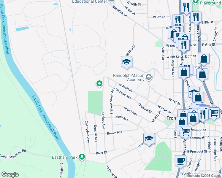 map of restaurants, bars, coffee shops, grocery stores, and more near 103 South Shenandoah Avenue in Front Royal