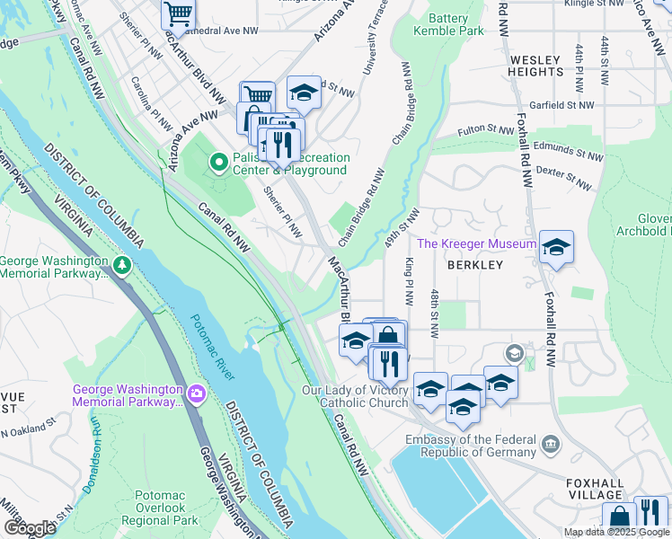 map of restaurants, bars, coffee shops, grocery stores, and more near 4954 MacArthur Boulevard Northwest in Washington