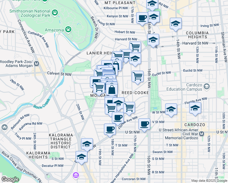 map of restaurants, bars, coffee shops, grocery stores, and more near 2356 Champlain Street Northwest in Washington