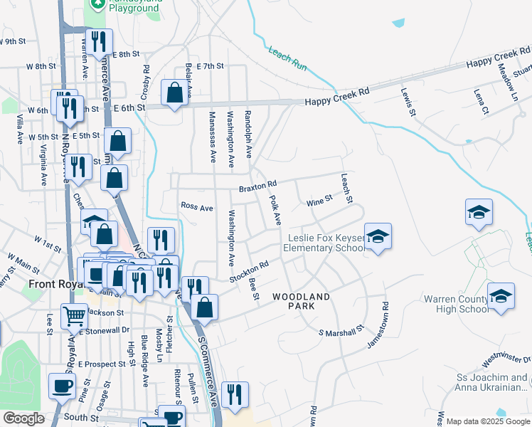 map of restaurants, bars, coffee shops, grocery stores, and more near 217 Randolph Avenue in Front Royal