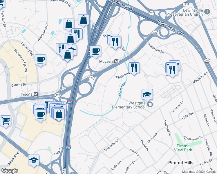 map of restaurants, bars, coffee shops, grocery stores, and more near 1751 Old Meadow Road in McLean