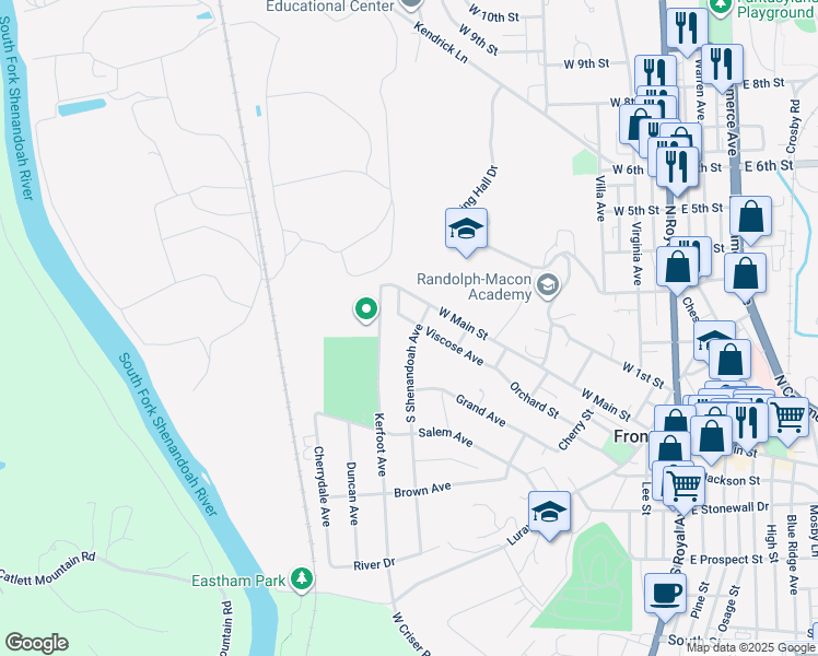 map of restaurants, bars, coffee shops, grocery stores, and more near 103 South Shenandoah Avenue in Front Royal
