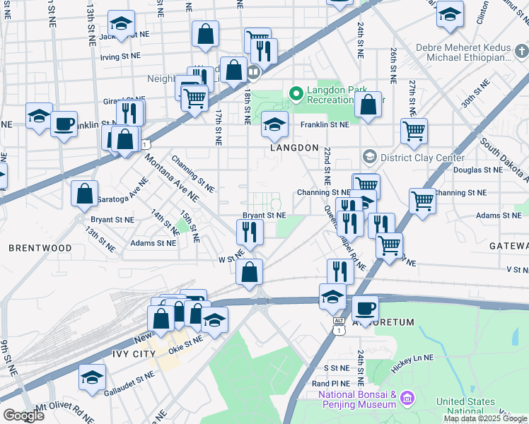 map of restaurants, bars, coffee shops, grocery stores, and more near 1830 Bryant Street Northeast in Washington
