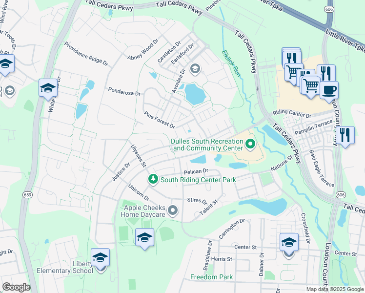 map of restaurants, bars, coffee shops, grocery stores, and more near 42538 Neighborly Lane in Chantilly