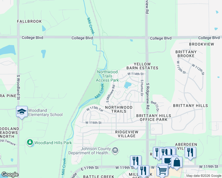 map of restaurants, bars, coffee shops, grocery stores, and more near 11422 South Millview Road in Olathe