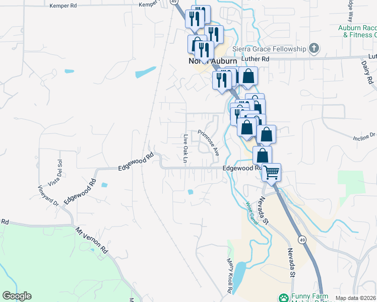 map of restaurants, bars, coffee shops, grocery stores, and more near 1259 Live Oak Lane in Auburn