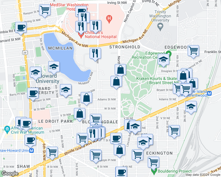 map of restaurants, bars, coffee shops, grocery stores, and more near 33 Bryant Street Northwest in Washington