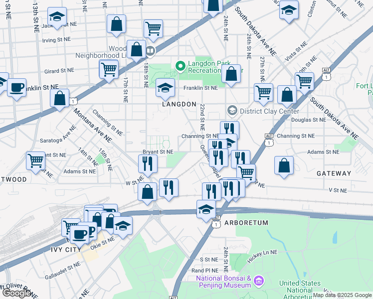 map of restaurants, bars, coffee shops, grocery stores, and more near 2008 Bryant Street Northeast in Washington