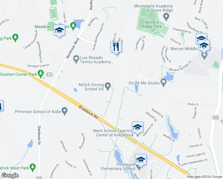 map of restaurants, bars, coffee shops, grocery stores, and more near 25178 Prairie Fire Square in Aldie