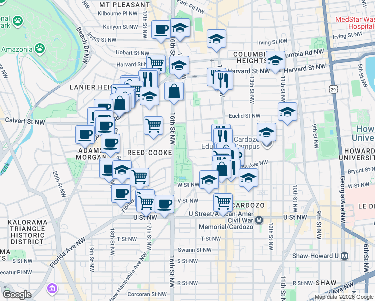 map of restaurants, bars, coffee shops, grocery stores, and more near 15th Street Northwest & Chapin Street Northwest in Washington
