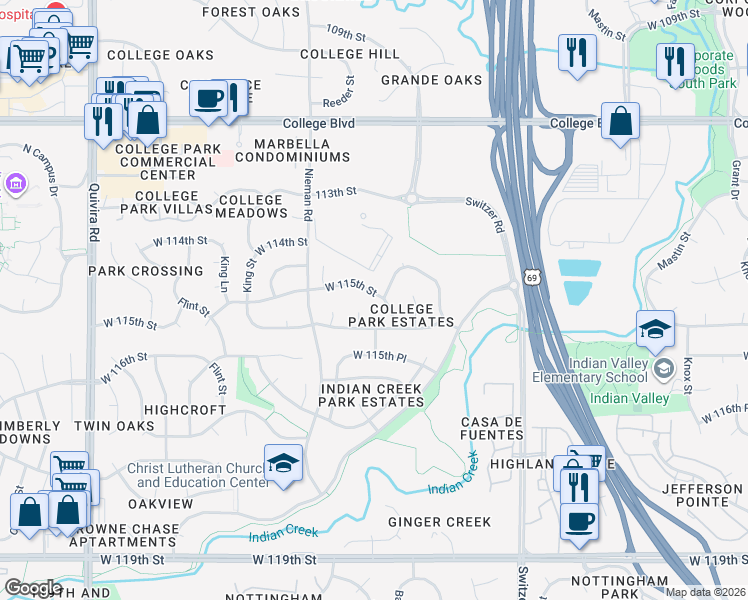 map of restaurants, bars, coffee shops, grocery stores, and more near 10808 West 115th Street in Overland Park