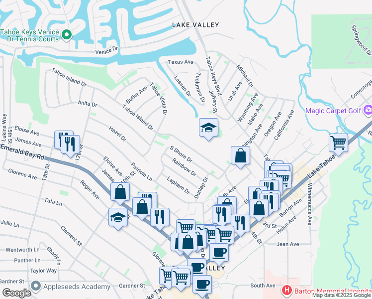 map of restaurants, bars, coffee shops, grocery stores, and more near 904 Tahoe Island Drive in South Lake Tahoe