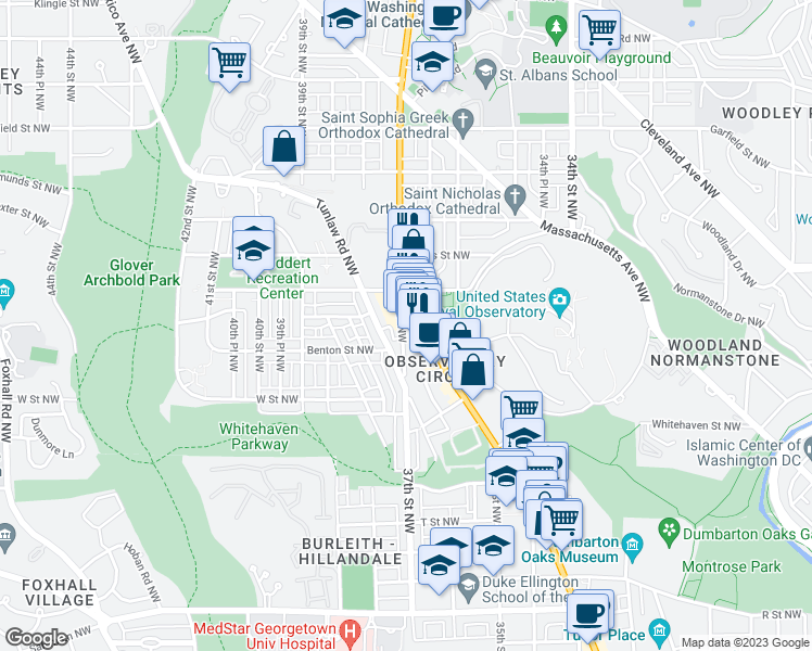 map of restaurants, bars, coffee shops, grocery stores, and more near 2411 37th Street Northwest in Washington