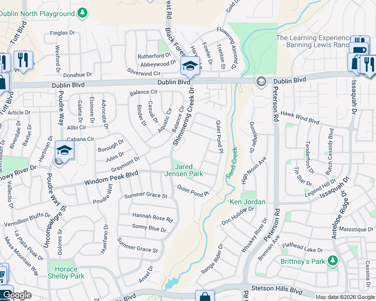 map of restaurants, bars, coffee shops, grocery stores, and more near 6573 Shimmering Creek Drive in Colorado Springs