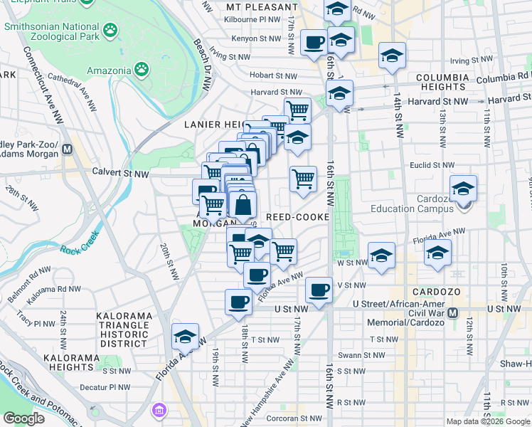 map of restaurants, bars, coffee shops, grocery stores, and more near 2426 Ontario Road Northwest in Washington