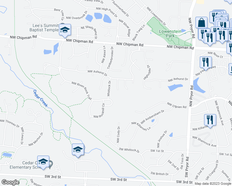 map of restaurants, bars, coffee shops, grocery stores, and more near 408 Essex Drive in Lee's Summit