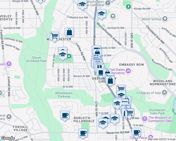 map of restaurants, bars, coffee shops, grocery stores, and more near 2432 Tunlaw Road Northwest in Washington