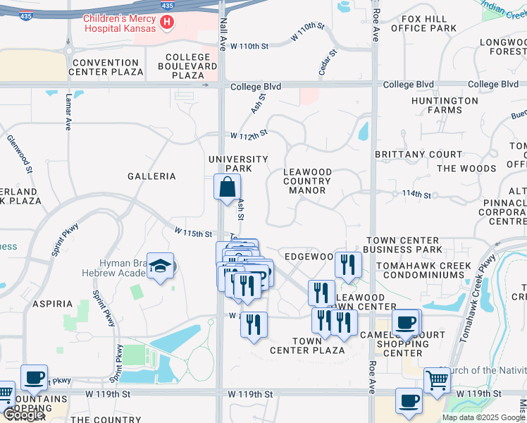 map of restaurants, bars, coffee shops, grocery stores, and more near 11313 Ash Street in Leawood