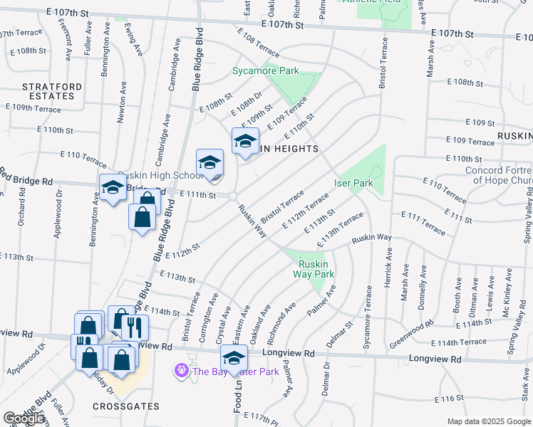 map of restaurants, bars, coffee shops, grocery stores, and more near 11106 Bristol Terrace in Kansas City