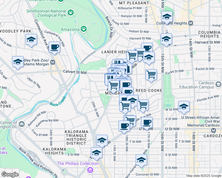 map of restaurants, bars, coffee shops, grocery stores, and more near 1841 Columbia Road Northwest in Washington
