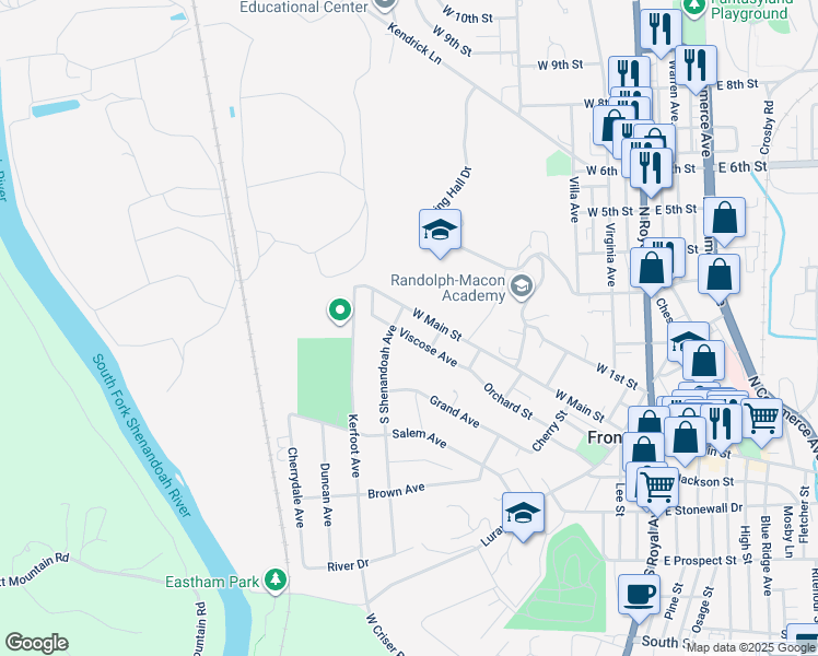 map of restaurants, bars, coffee shops, grocery stores, and more near 517 Viscose Avenue in Front Royal