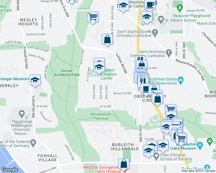 map of restaurants, bars, coffee shops, grocery stores, and more near 2425 39th Place Northwest in Washington