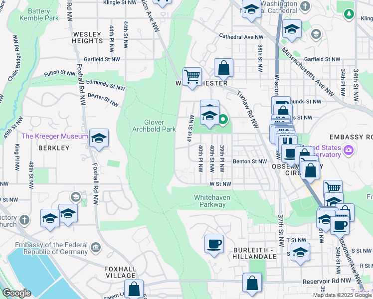 map of restaurants, bars, coffee shops, grocery stores, and more near 2324 41st Street Northwest in Washington