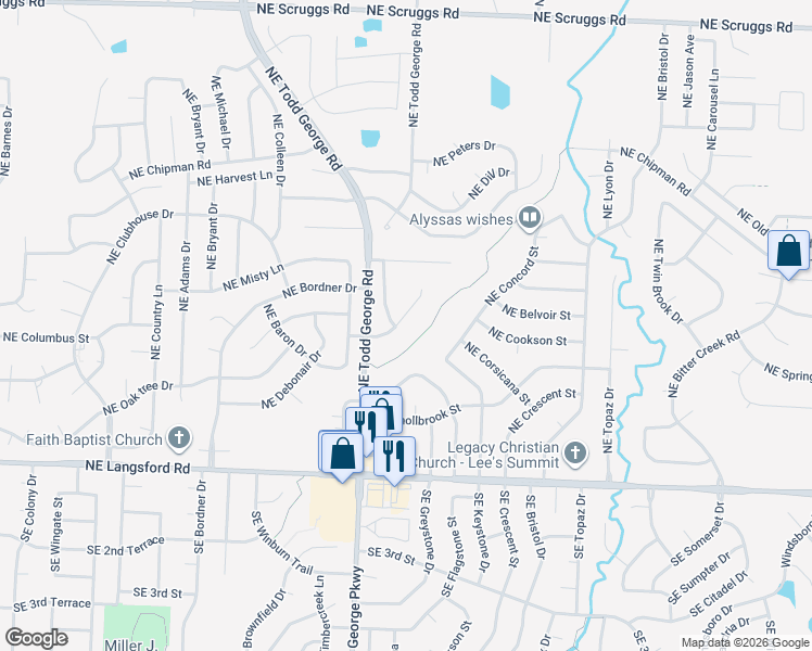 map of restaurants, bars, coffee shops, grocery stores, and more near 515 Northeast Mimosa Drive in Lee's Summit