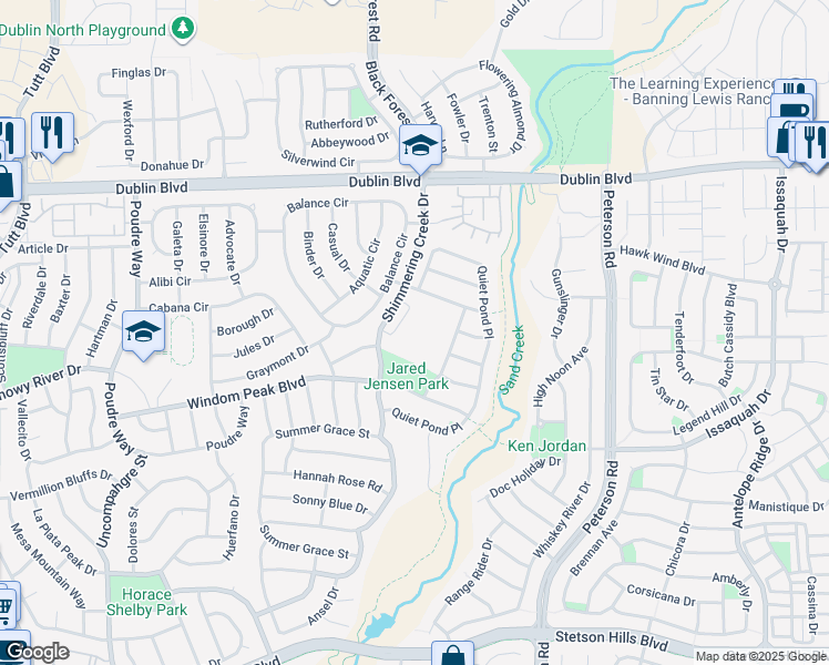 map of restaurants, bars, coffee shops, grocery stores, and more near 6573 Shimmering Creek Drive in Colorado Springs