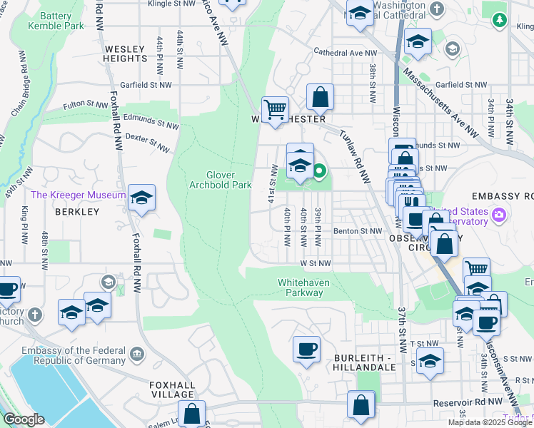 map of restaurants, bars, coffee shops, grocery stores, and more near 2324 41st Street Northwest in Washington