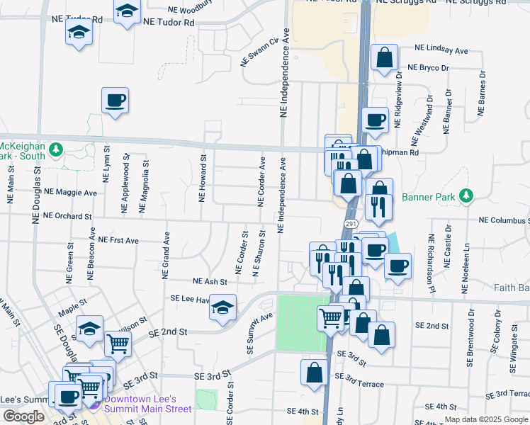map of restaurants, bars, coffee shops, grocery stores, and more near 512 Northeast Corder Street in Lee's Summit