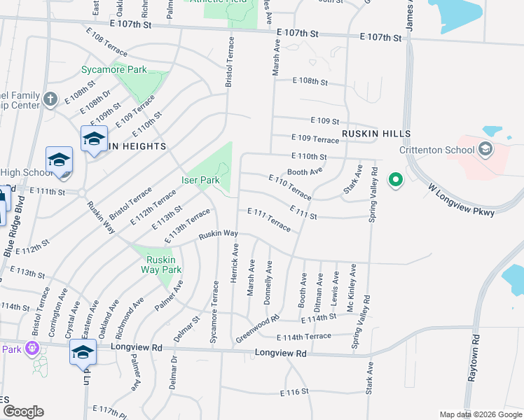 map of restaurants, bars, coffee shops, grocery stores, and more near 8405 East 111 Street in Kansas City