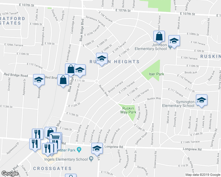 map of restaurants, bars, coffee shops, grocery stores, and more near 11106 Bristol Terrace in Kansas City