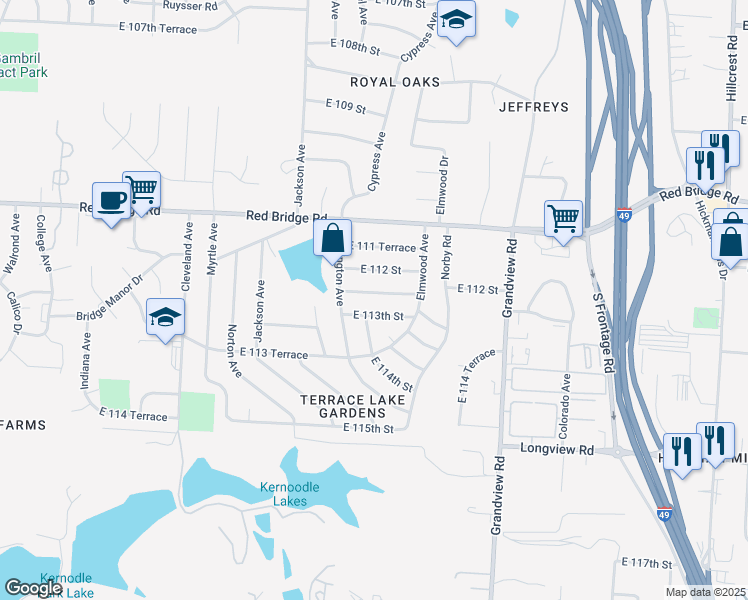 map of restaurants, bars, coffee shops, grocery stores, and more near 4404 East 112 Terrace in Kansas City