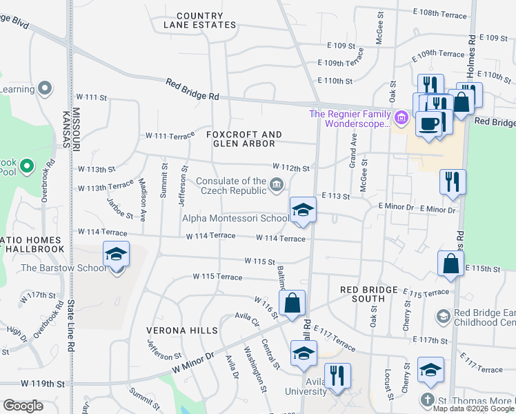 map of restaurants, bars, coffee shops, grocery stores, and more near 205 West 113th Street in Kansas City