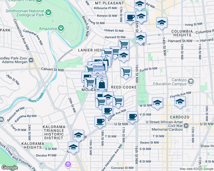 map of restaurants, bars, coffee shops, grocery stores, and more near 2337 Champlain Street Northwest in Washington
