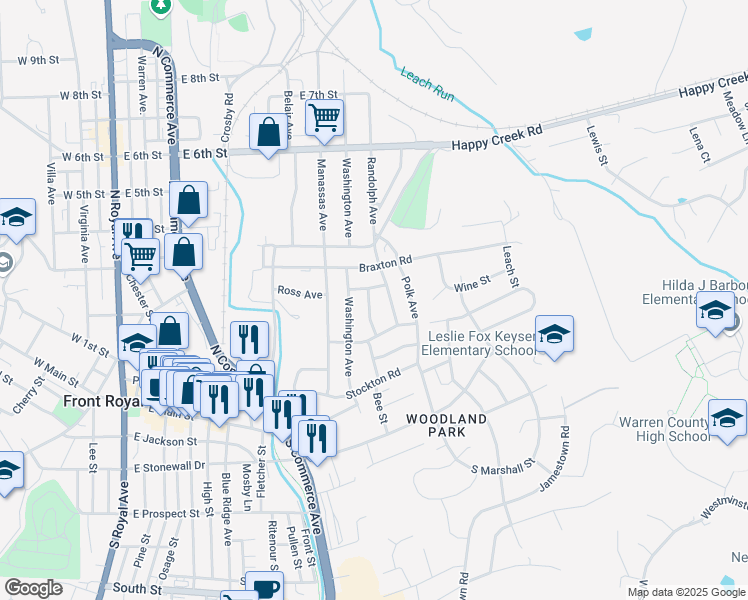 map of restaurants, bars, coffee shops, grocery stores, and more near 221 Clymer Avenue in Front Royal