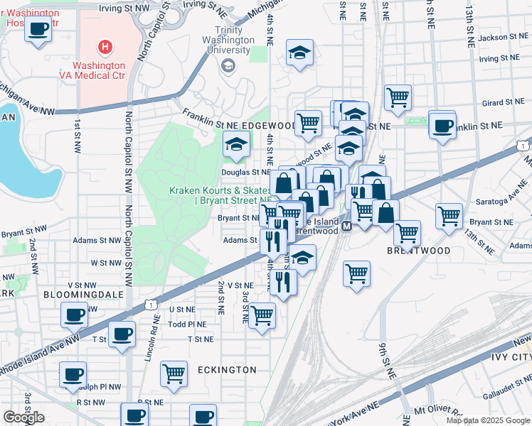 map of restaurants, bars, coffee shops, grocery stores, and more near 330 Bryant Street Northeast in Washington