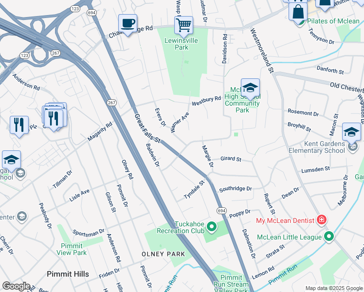 map of restaurants, bars, coffee shops, grocery stores, and more near 7108 Sea Cliff Road in McLean