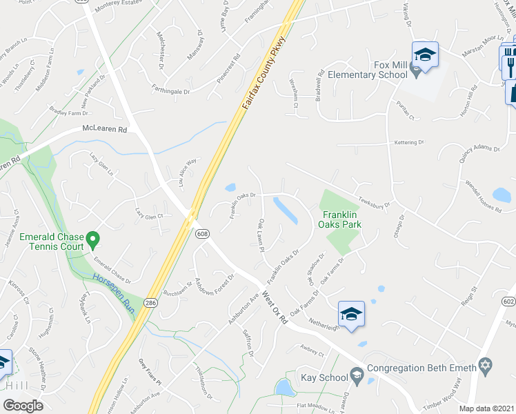 map of restaurants, bars, coffee shops, grocery stores, and more near 12937 Oak Lawn Place in Herndon